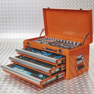 Caisse à outils avec 3 tiroirs - 4 tiroirs remplis - orange