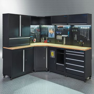 Aménagement d'atelier PREMIUM avec plan de travail en chêne de 410 cm de large