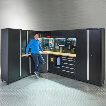Aménagement d'atelier PREMIUM avec plan de travail en chêne de 560 cm de large