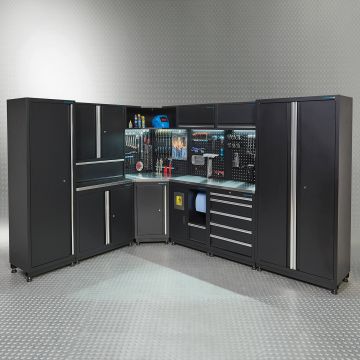 Aménagement d'atelier PREMIUM avec plan de travail en acier inoxydable de 560 cm de large