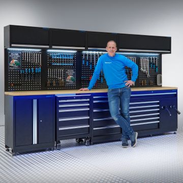Meuble d'atelier PREMIUM avec plan de travail en chêne et tiroirs extra larges - 340 cm