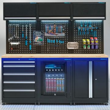 Meuble d'atelier PREMIUM - plan de travail en chêne et réfrigérateur – 204 cm