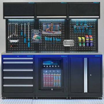 Meuble d'atelier PREMIUM - plan de travail en inox et réfrigérateur – 204 cm