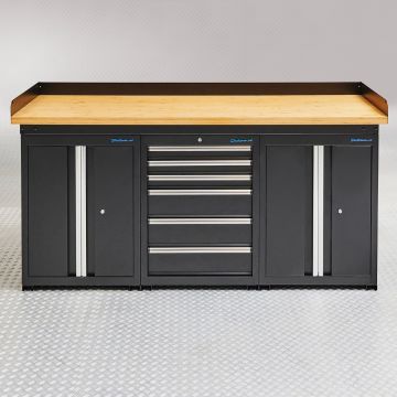 Établi PRO 200 cm - Chêne - 6 tiroirs - 2 armoires - Noir