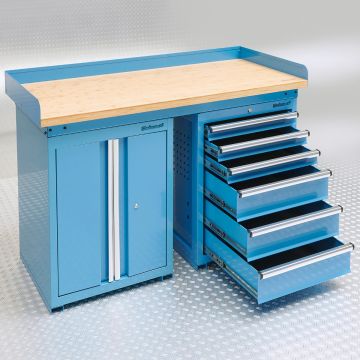 Établi bleu PRO 150 cm – Bambou – 6 tiroirs - 1 armoire