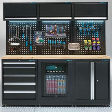 Meuble d'atelier PREMIUM - plan de travail en chêne et réfrigérateur – 204 cm