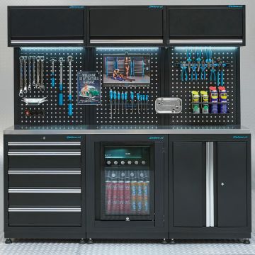Meuble d'atelier PREMIUM - plan de travail en inox et réfrigérateur – 204 cm