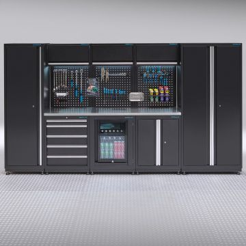 Meuble d'atelier PREMIUM - plan de travail en inox et réfrigérateur – 354 cm