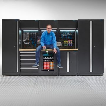 Meuble d'atelier PREMIUM - plan de travail en chêne et réfrigérateur – 354 cm
