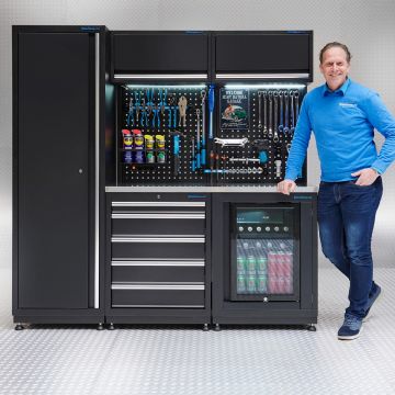 Meuble d'atelier PREMIUM - plan de travail en inox et réfrigérateur – 200 cm