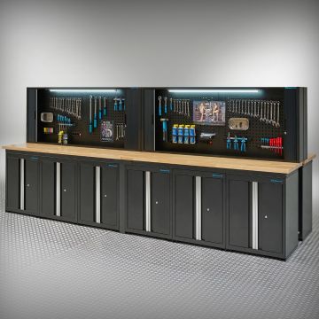 Établi PRO en chêne – 12 armoires de rangement – 4 armoires pan à outils – 400 cm – noir