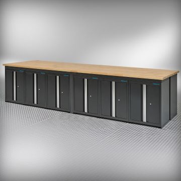 Établi PRO en chêne – 12 armoires de rangement – 400 cm – noir