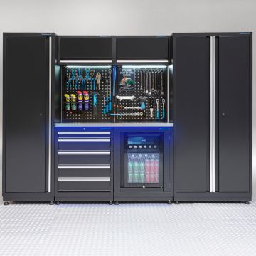 Meuble d'atelier PREMIUM - plan de travail en inox et réfrigérateur – 285 cm