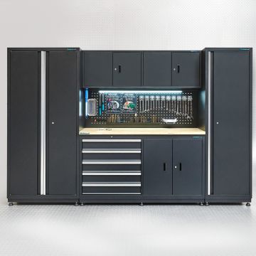 Établi 160 cm avec meuble supérieur, armoires latérales étroites et armoires latérales larges