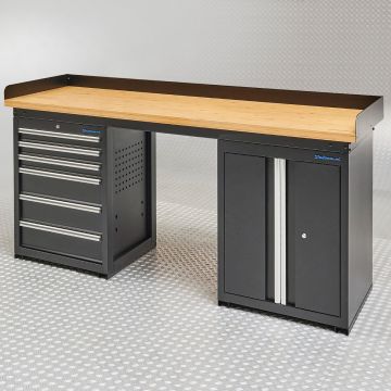 Établi PRO 200 cm - Chêne - 6 tiroirs - 1 armoire - Noir