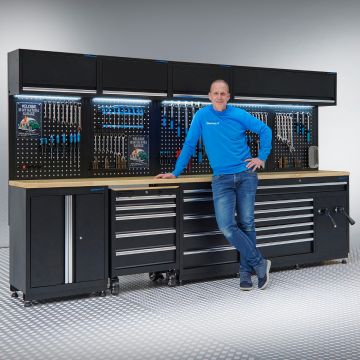 Meuble d'atelier PREMIUM avec plan de travail en chêne et tiroirs extra larges - 340 cm