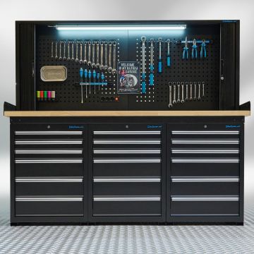 Établi PRO – plateau en chêne – 18 tiroirs – armoire à outils – 200 cm – noir
