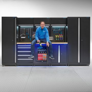 Meuble d'atelier PREMIUM - plan de travail en chêne et réfrigérateur – 354 cm