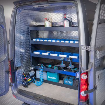 Aménagement de véhicule utilitaire – 158 x 39 x 145 cm – Armoire encastrée + 4 étagères & 13 bacs de rangement