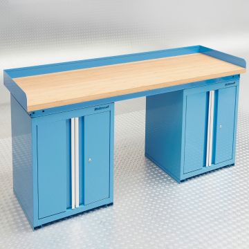 Établi bleu PRO 200 cm - Bambou - 2 armoires