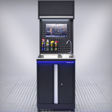 Évier avec robinet pour établi et atelier + panneau perforé et armoire suspendue