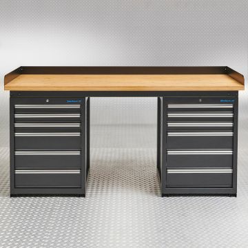 Établi PRO 200 cm - Chêne - 12 tiroirs - Noir