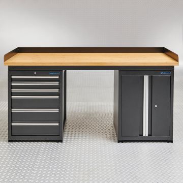 Établi PRO 200 cm - Bambou - 6 tiroirs - 1 armoire - Noir