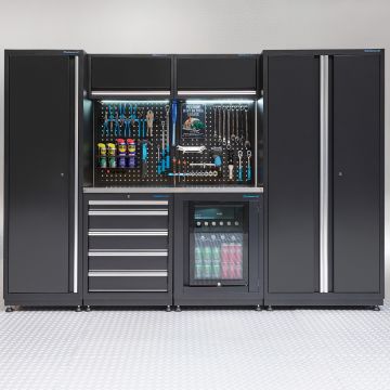 Meuble d'atelier PREMIUM - plan de travail en inox et réfrigérateur – 285 cm