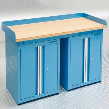 Établi bleu PRO 150 cm - Bambou - 2 armoires
