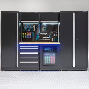 Meuble d'atelier PREMIUM - plan de travail en chêne et réfrigérateur – 285 cm