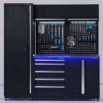 Aménagement d’atelier PREMIUM avec tiroir et armoire à portes - 200 cm - plan de travail en inox