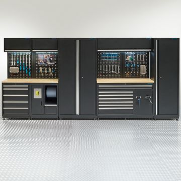 Meuble d'atelier PREMIUM avec plan de travail en chêne - 422 cm