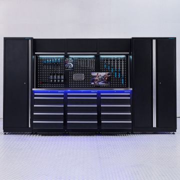 Aménagement d’atelier PREMIUM en inox avec 3 blocs-tiroirs - 354 cm