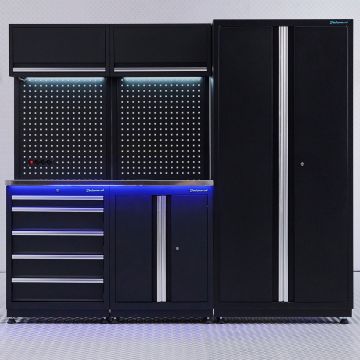 Aménagement d’atelier PREMIUM en inox avec tiroir et armoire à portes - 225 cm