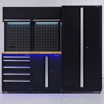 Aménagement d’atelier PREMIUM en chêne avec tiroir et armoire à portes - 225 cm
