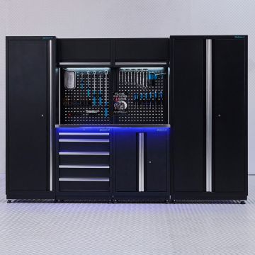 Aménagement d’atelier PREMIUM en inox avec tiroir et armoire à portes - 285 cm