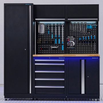 Aménagement d’atelier PREMIUM en chêne avec tiroir et armoire à portes - 200 cm