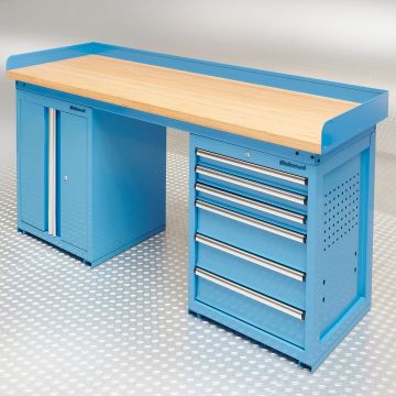Établi bleu PRO 200 cm – Bambou - 6 tiroirs - 1 armoire