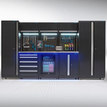 Meuble d'atelier PREMIUM - plan de travail en inox et réfrigérateur – 354 cm