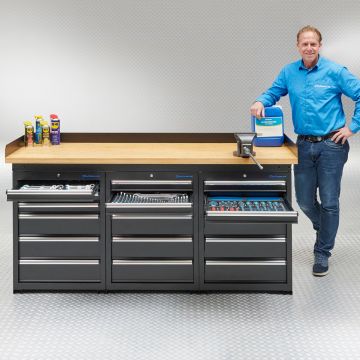 Établi PRO 200 cm - Bambou - 18 tiroirs - Noir