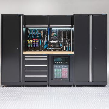 Meuble d'atelier PREMIUM - plan de travail en chêne et réfrigérateur – 285 cm