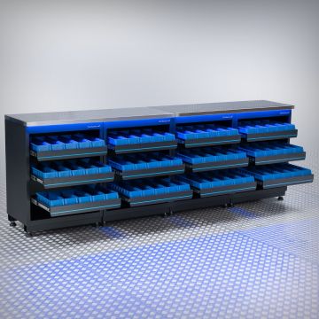 Établi PREMIUM avec plateau en acier inoxydable et bacs de rangement – 272 cm
