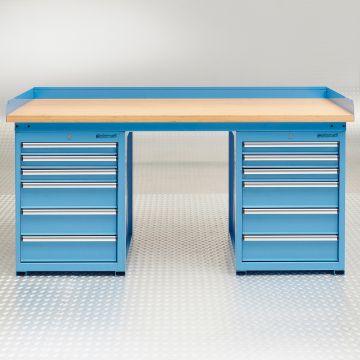 Établi bleu PRO 200 cm - Bambou - 12 tiroirs