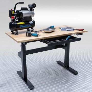 Établi réglable – Table de travail à hauteur réglable électriquement avec plateau en chêne et tiroir