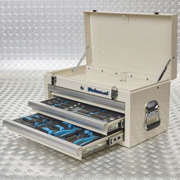Caisse à outils avec 3 tiroirs - 2 tiroirs remplis – blanche