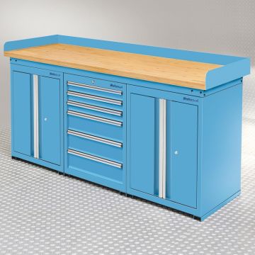 Établi bleu PRO 200 cm - Bambou - 6 tiroirs - 2 armoires