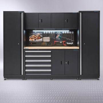 Établi 160 cm avec armoire supérieure et deux armoires latérales