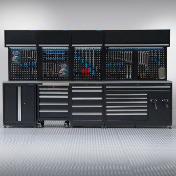 Meuble d’atelier PREMIUM avec plan de travail en inox et tiroirs extra larges – 340 cm
