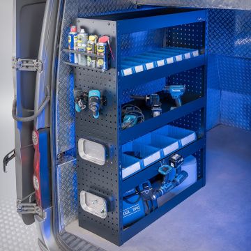 Aménagement de véhicule utilitaire - 105 x 39 x 145 cm - Armoire encastrée + 4 étagères & 13 bacs de rangement