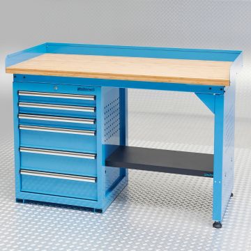 Établi bleu PRO 150cm - Bambou - 6 tiroirs